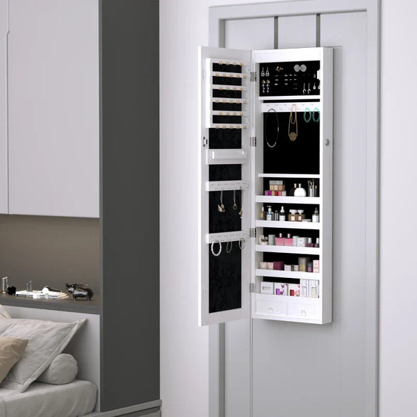 Espelho com Móvel de Bijuterias de Parede ou Porta Espelho de Parede com LED 5 Prateleiras 2 Gavetas pequenas e Fechadura 37x120x10cm Cinza Claro