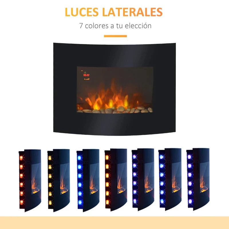 Lareira Elétrica de Parede com Efeito de Chamas Realistas e Luzes LED em 7 Cores com Controlo Remoto Potência 900W/1800W 65x11,4x52cm Preto