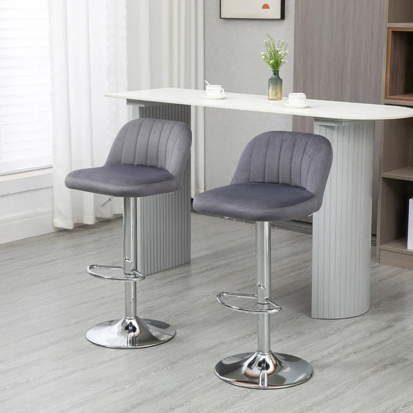 Conjunto de 2 Bancos de Bar Estofados em Pelúcia Bancos Altos de Sala de Jantar com Altura Ajustável Assento Giratório e Apoio para os Pés Carga Máxima 120kg 43x45x81-101cm Cinza