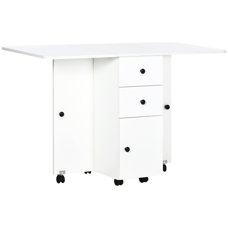 Mesa de Jantar Dobrável com Rodas Mesa Abatível com 2 Gavetas e Armário Mesa Auxiliar Multifuncional para Estúdio Cozinha 120x60x76,5cm Branco