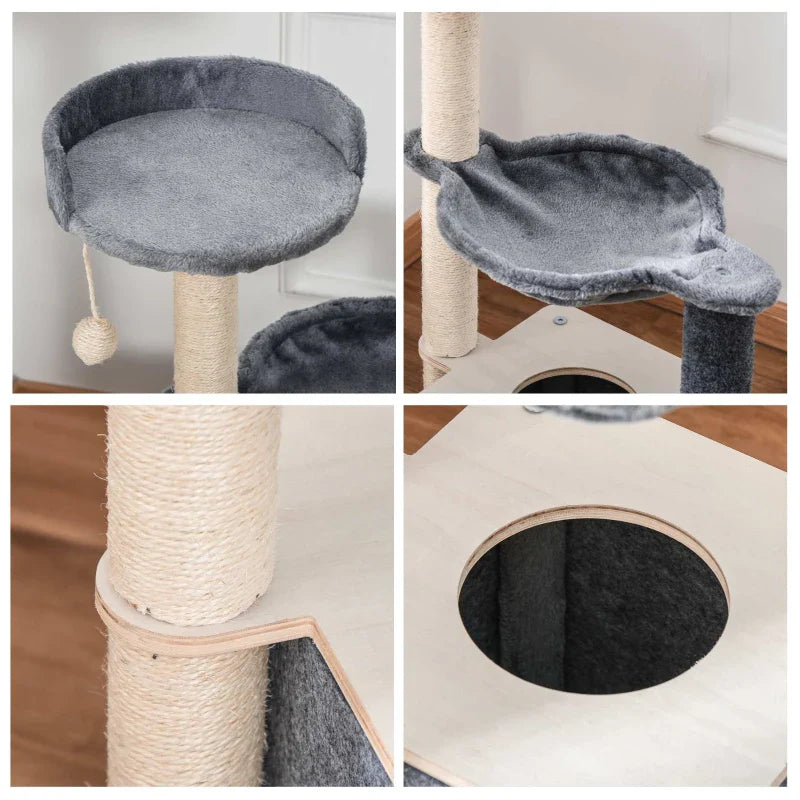 PawHut Árvore Arranhador para Gatos Árvore para Escalar Brincar e Descansar com Rede Plataformas Caverna Bola Suspensa e Poste de Sisal para Aranhar 48x34x95cm Cinza