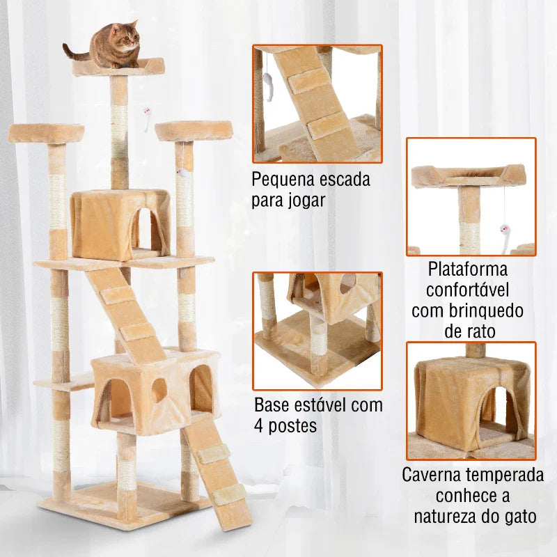 PawHut Arranhador para Gatos Grande 49x49x173 cm com Múltiplos Níveis Cavernas Brinquedos Suspensos Centro de Atividades de Sisal Bege