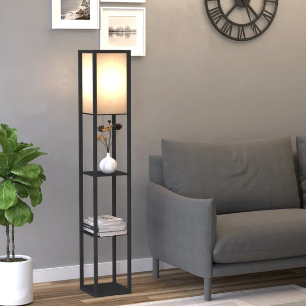 Candeeiro de Pé de Madeira com 3 Prateleiras De Armazenamento para Lâmpada E27 Potência Máx. 40W Candeeiro Moderno para Sala de Estar Dormitório 26x26x160cm Preto