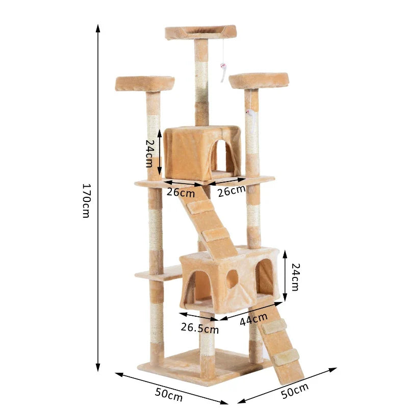 PawHut Arranhador para Gatos Grande 49x49x173 cm com Múltiplos Níveis Cavernas Brinquedos Suspensos Centro de Atividades de Sisal Bege