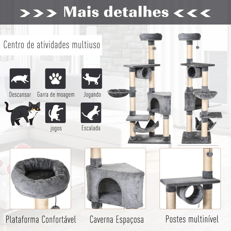 PawHut Árvore arranhador para gatos 154 cm de altura com plataformas túnel rede e postes de de sisal cinza