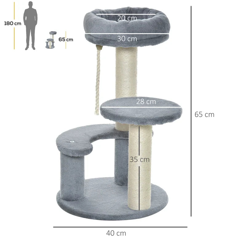 PawHut Árvore Arranhador para Gatos Ø40x65 cm com 3 Níveis Cama Plataformas em Pelúcia Corda Suspensa e Poste com Corda de Sisal Cinza