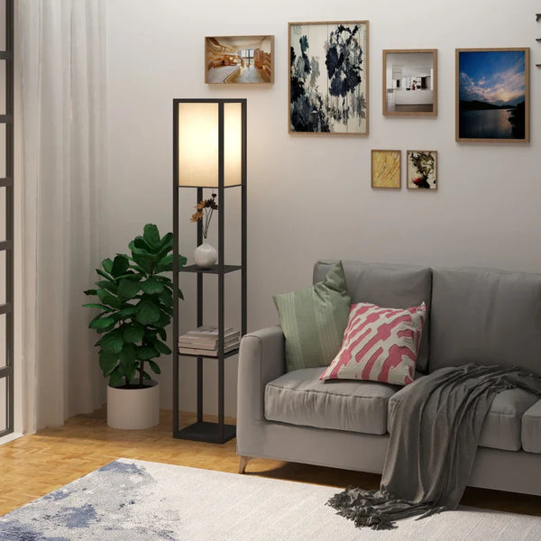 Candeeiro de Pé de Madeira com 3 Prateleiras De Armazenamento para Lâmpada E27 Potência Máx. 40W Candeeiro Moderno para Sala de Estar Dormitório 26x26x160cm Preto