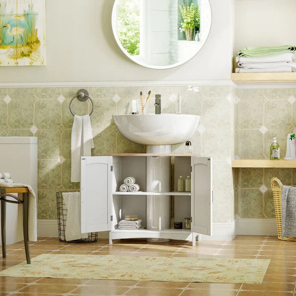 Móvel para Lavatório Pousar Armário para Casa de Banho de Madeira com 2 Portas e Prateleira Interior Ajustável Estilo Moderno Carga Máxima 40kg 60x30x60cm Branco