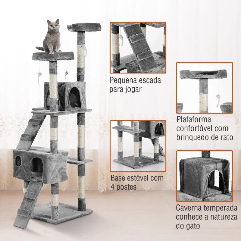 PawHut Arranhador para Gatos Grande 49x49x173 cm com Múltiplos Níveis Cavernas Brinquedos Suspensos Centro de Atividades de Sisal Cinza