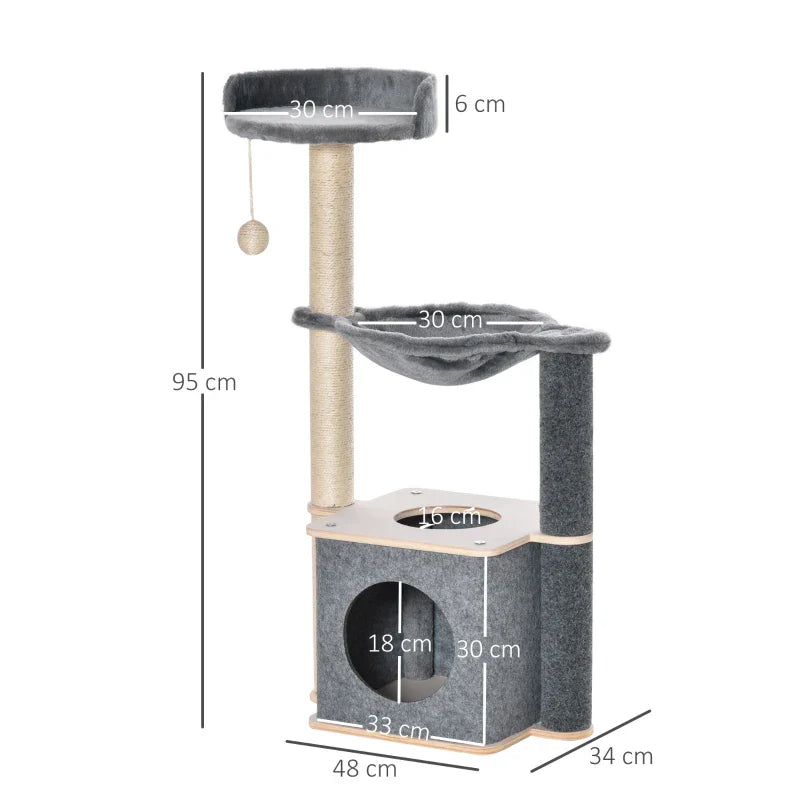 PawHut Árvore Arranhador para Gatos Árvore para Escalar Brincar e Descansar com Rede Plataformas Caverna Bola Suspensa e Poste de Sisal para Aranhar 48x34x95cm Cinza