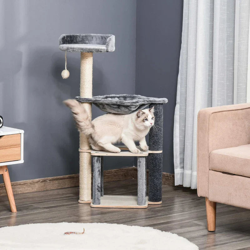 PawHut Árvore Arranhador para Gatos Árvore para Escalar Brincar e Descansar com Rede Plataformas Caverna Bola Suspensa e Poste de Sisal para Aranhar 48x34x95cm Cinza
