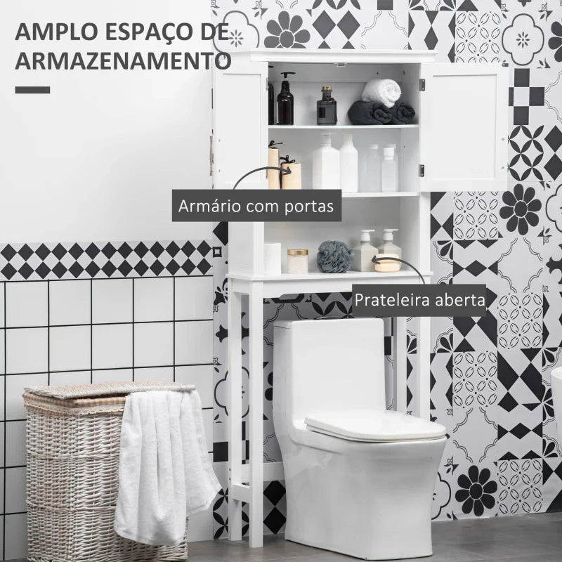 Armário sobre Sanita Armário Alto para Lavadora com 2 Portas Prateleira Interior Ajustável e 1 Prateleira de Armazenamento para Casa de Banho WC Carga 30kg Anti-Tombamento 71x20,5x165cm Branco
