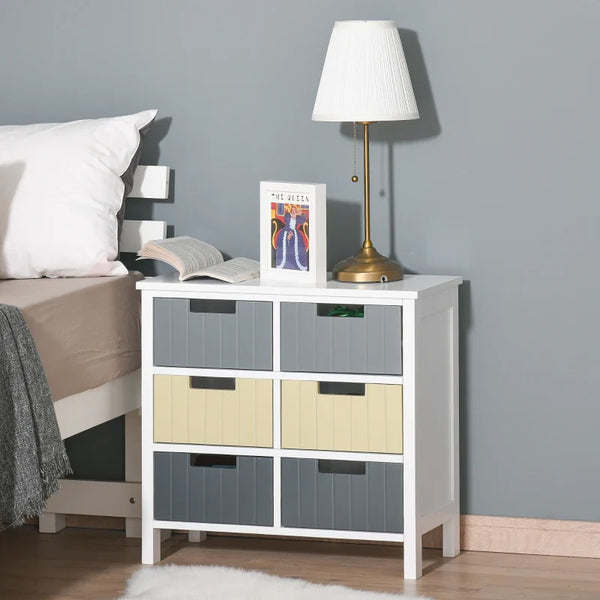 Cómoda de Madeira com 6 Gavetas Cómoda Auxiliar de Armazenamento com Pés Elevados Estilo Moderno para Dormitórios Sala de Estar Casa de Banho 60x28x58cm Multicor