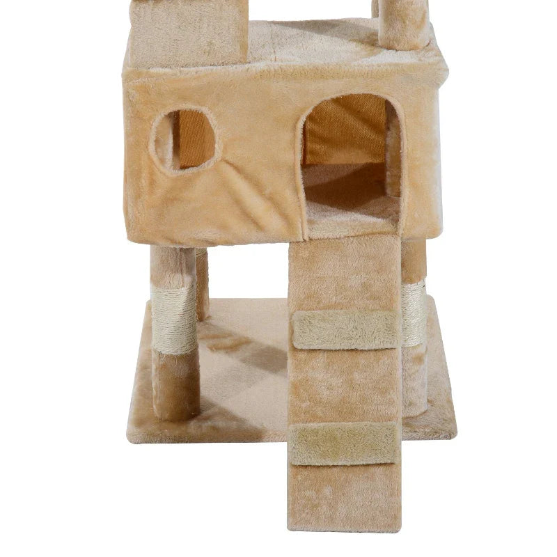 PawHut Arranhador para Gatos Grande 49x49x173 cm com Múltiplos Níveis Cavernas Brinquedos Suspensos Centro de Atividades de Sisal Bege