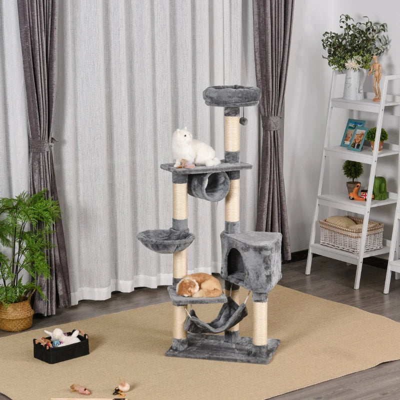 PawHut Árvore arranhador para gatos 154 cm de altura com plataformas túnel rede e postes de de sisal cinza
