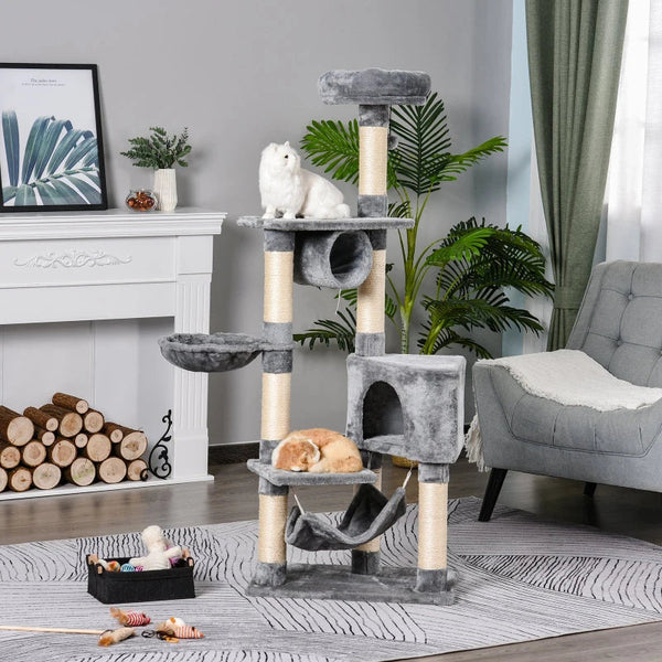 PawHut Árvore arranhador para gatos 154 cm de altura com plataformas túnel rede e postes de de sisal cinza