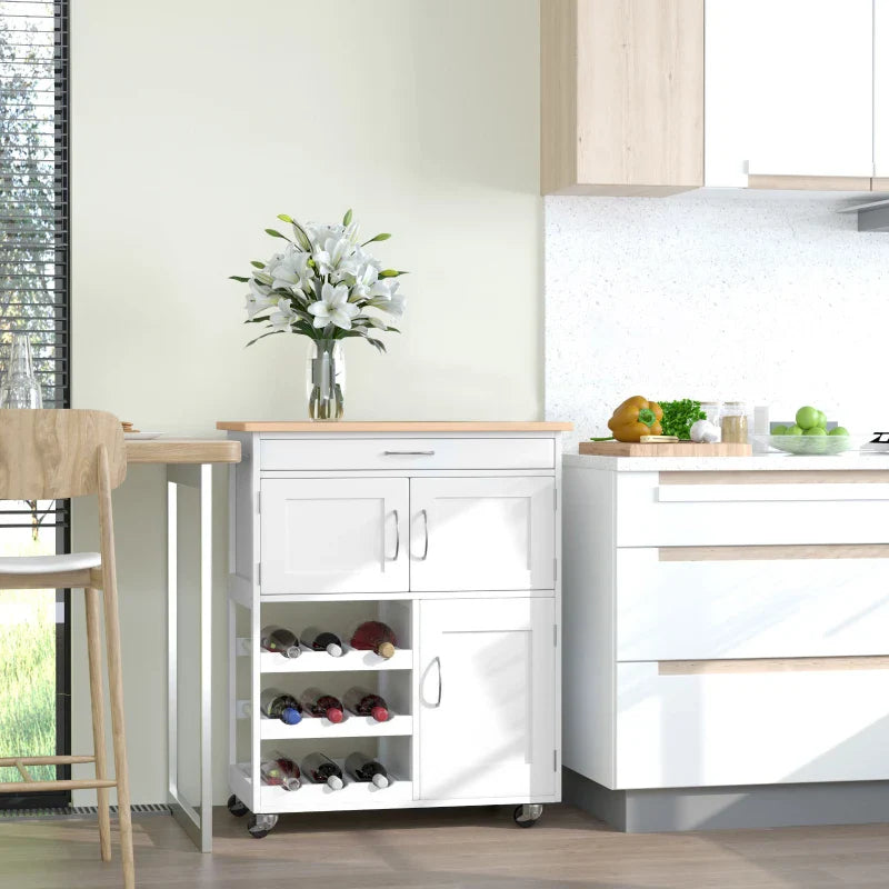 Carrinho de Cozinha com Rodas Carrinho de Cozinha com Gaveta 2 Armários de Armazenamento e 3 Prateleiras Abertas para 9 Garrafas para Sala de Jantar 67x37x87cm Branco