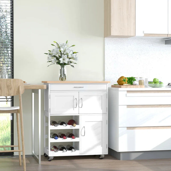 Carrinho de Cozinha com Rodas Carrinho de Cozinha com Gaveta 2 Armários de Armazenamento e 3 Prateleiras Abertas para 9 Garrafas para Sala de Jantar 67x37x87cm Branco