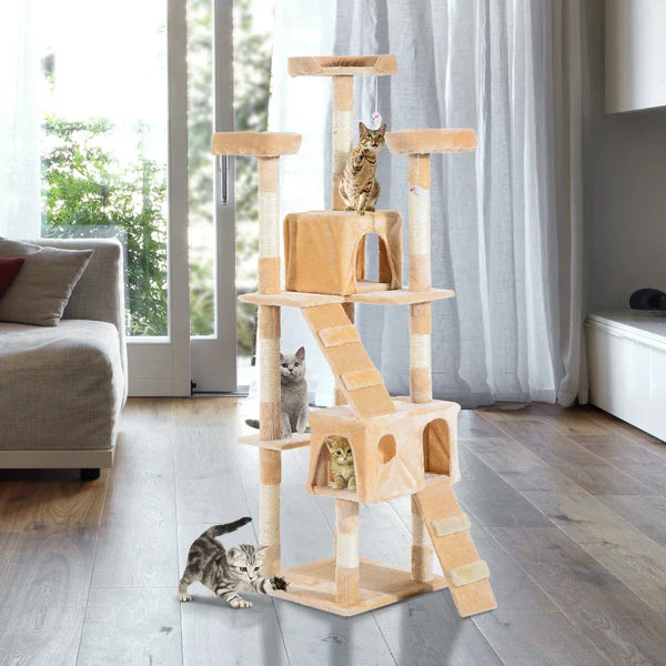PawHut Arranhador para Gatos Grande 49x49x173 cm com Múltiplos Níveis Cavernas Brinquedos Suspensos Centro de Atividades de Sisal Bege