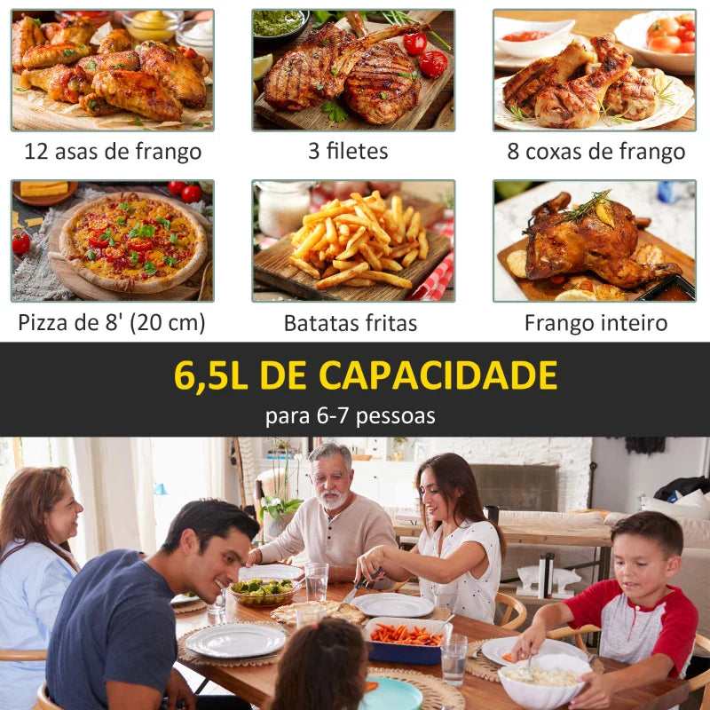 Fritadeira sem Óleo 6,5L 1700W Fritadeira de Ar Quente com 8 Programas Tela LED Tátil Temperatura Ajustável Temporizador e Cesta Antiaderente 36,5x29x33,8cm Preto