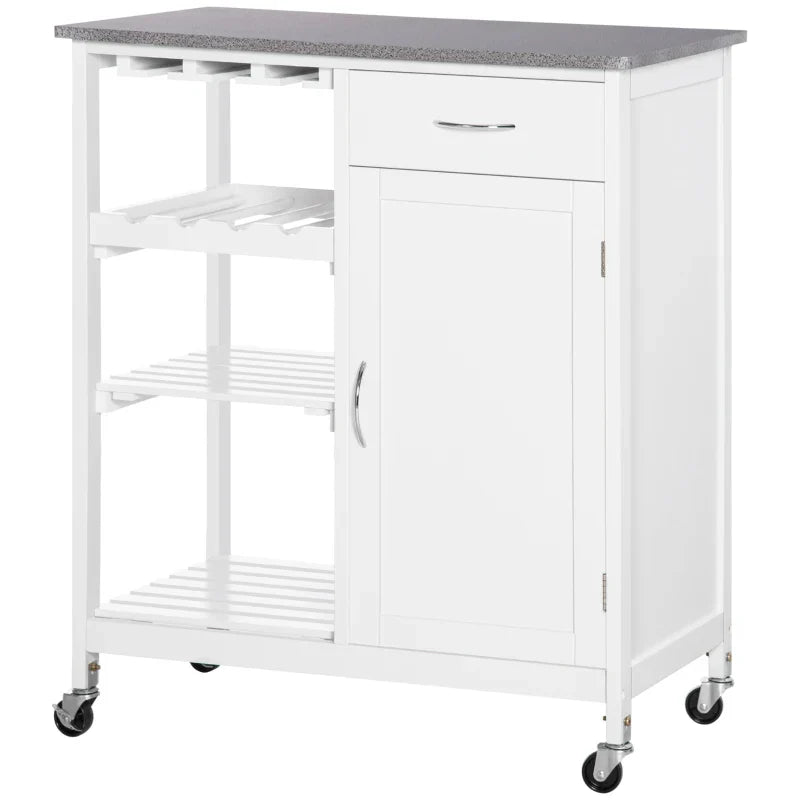 Carrinho de Cozinha com Rodas Carrinho de Cozinha com 1 Gaveta Prateleiras Removíveis Suporte para 4 Garrafas e Armário para Sala de Jantar Sala de Estar Carga 40kg 76x48x88cm Branco e Cinza