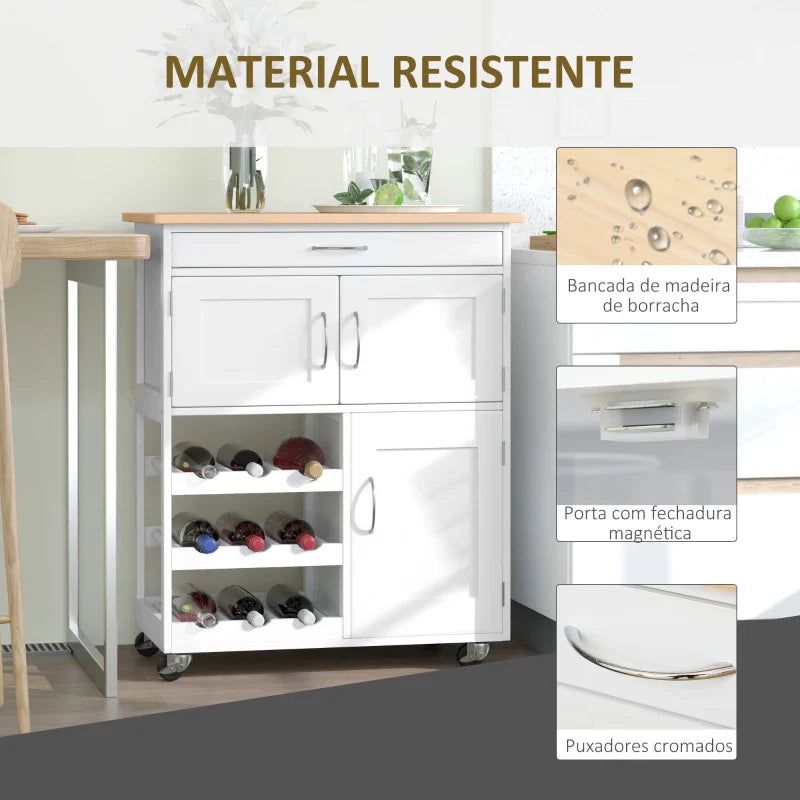 Carrinho de Cozinha com Rodas Carrinho de Cozinha com Gaveta 2 Armários de Armazenamento e 3 Prateleiras Abertas para 9 Garrafas para Sala de Jantar 67x37x87cm Branco