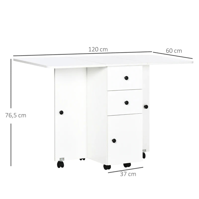 Mesa de Jantar Dobrável com Rodas Mesa Abatível com 2 Gavetas e Armário Mesa Auxiliar Multifuncional para Estúdio Cozinha 120x60x76,5cm Branco
