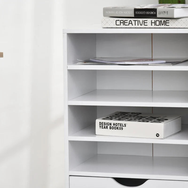 Móveis auxiliares para escritório Estudo Grande espaço de armazenamento com 3 gavetas 4 prateleiras abertas 4 rodas 40x30x83 cm Branco