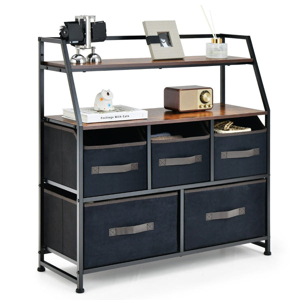 Aparador "Vega" com 5 Gavetas de Tecido e Estante Superior - Cómoda com Sistema ÁntiTombo - 84x30x85 cm - Castanho Rústico