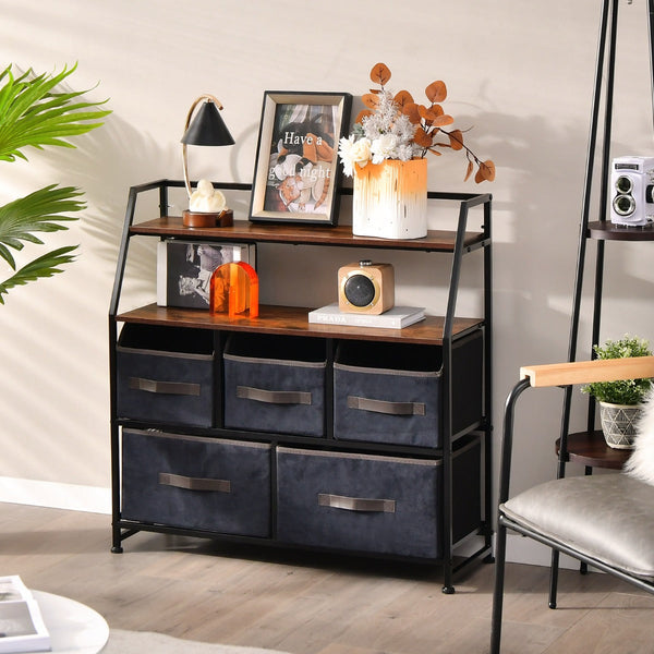 Aparador "Vega" com 5 Gavetas de Tecido e Estante Superior - Cómoda com Sistema ÁntiTombo - 84x30x85 cm - Castanho Rústico