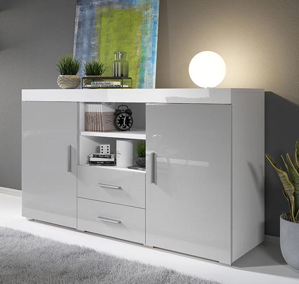 Aparador Manvy – 140x40x82 cm – Branco Brilhante e Cinzento – 2 Portas, 2 Gavetas e Estante Aberta