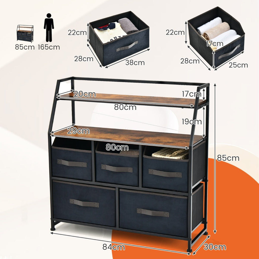 Aparador "Vega" com 5 Gavetas de Tecido e Estante Superior - Cómoda com Sistema ÁntiTombo - 84x30x85 cm - Castanho Rústico - A minha loja
