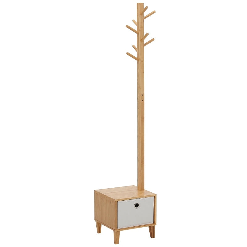 Cabide de Pé de Bambu com Banco Gaveta de Tecido e 8 Ganchos para Pendurar Roupa Bolsas Casacos para Entrada Sala de Estar Corredor 35x35x177cm Natural