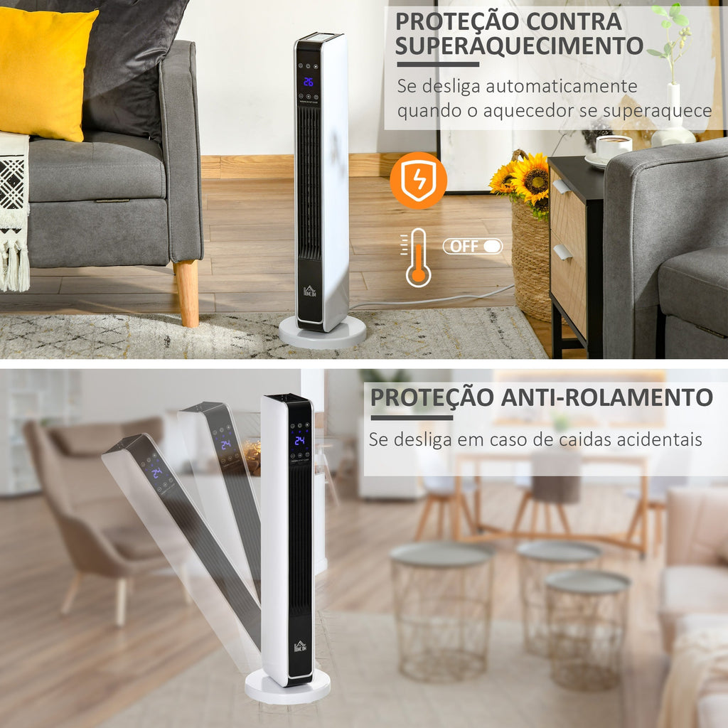 Aquecedor Cerâmico de Torre com Controlo Remoto - Branco - 21x21x73 cm - ABS e PA - 1000W/2000W - A minha loja