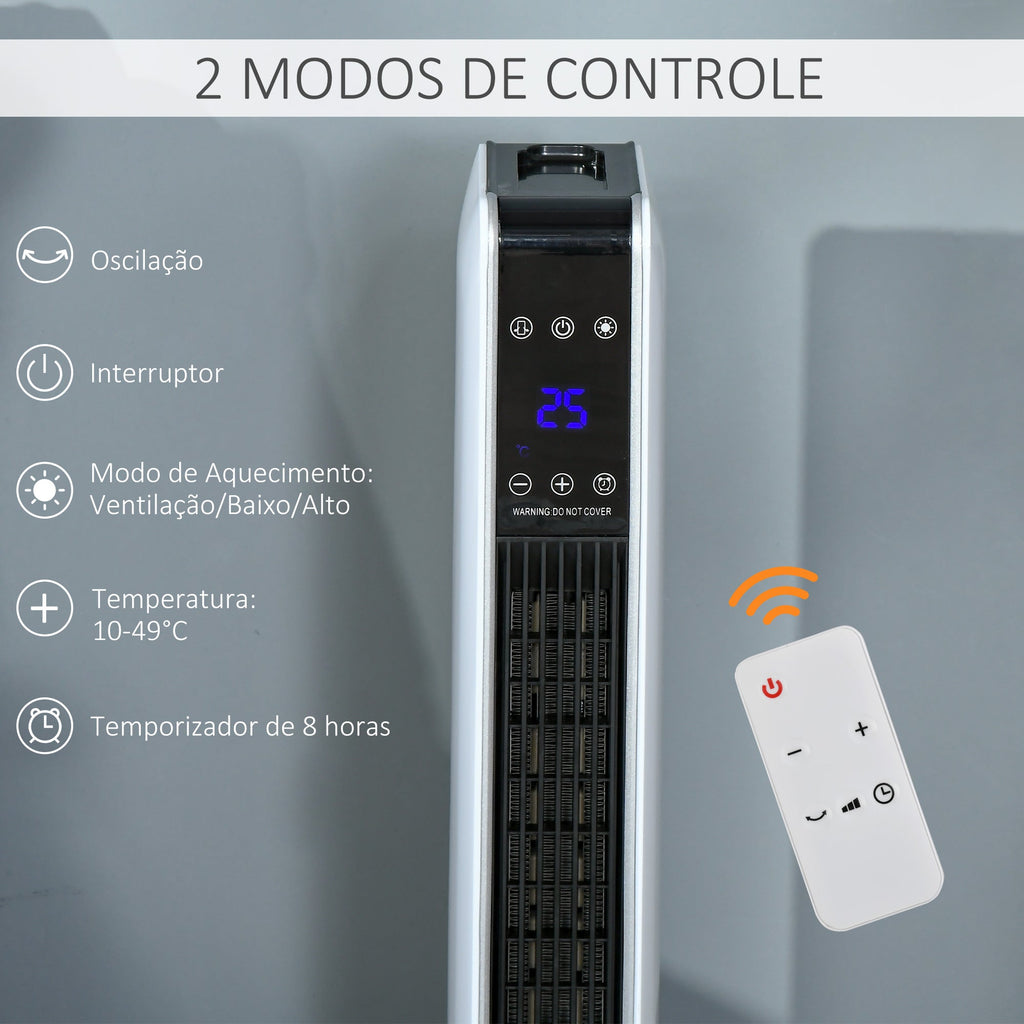Aquecedor Cerâmico de Torre com Controlo Remoto - Branco - 21x21x73 cm - ABS e PA - 1000W/2000W - A minha loja