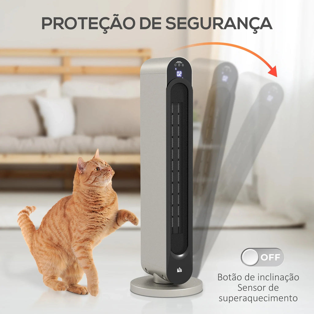 Aquecedor Cerâmico de Torre - Prata e Preto - Ø25x73,5 cm - ABS - Design Moderno com Controlo Remoto - A minha loja