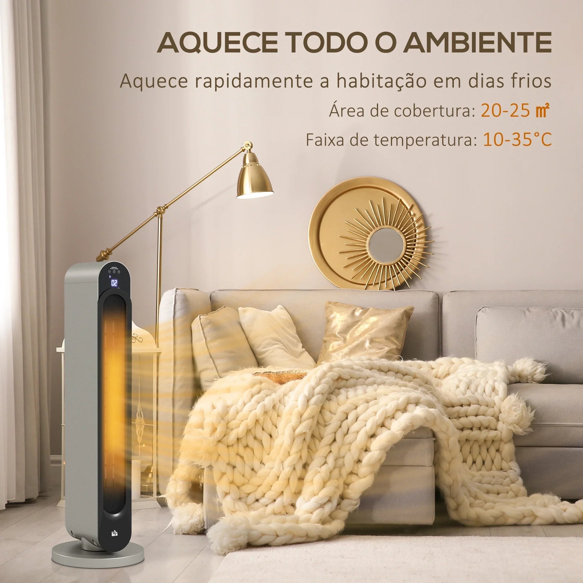 Aquecedor Cerâmico de Torre - Prata e Preto - Ø25x73,5 cm - ABS - Design Moderno com Controlo Remoto - A minha loja