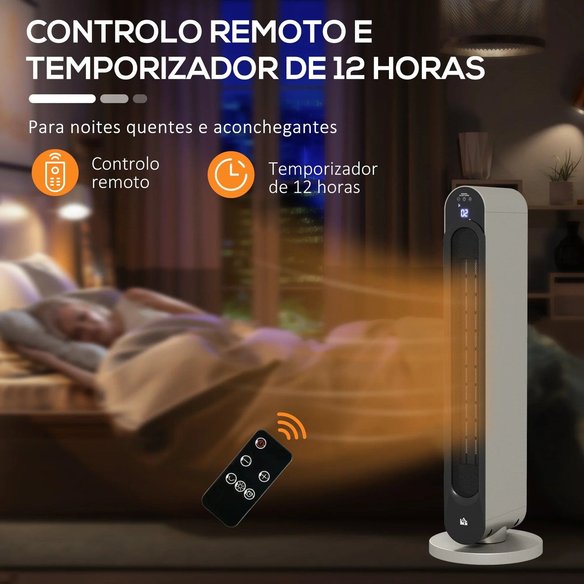 Aquecedor Cerâmico de Torre - Prata e Preto - Ø25x73,5 cm - ABS - Design Moderno com Controlo Remoto - A minha loja