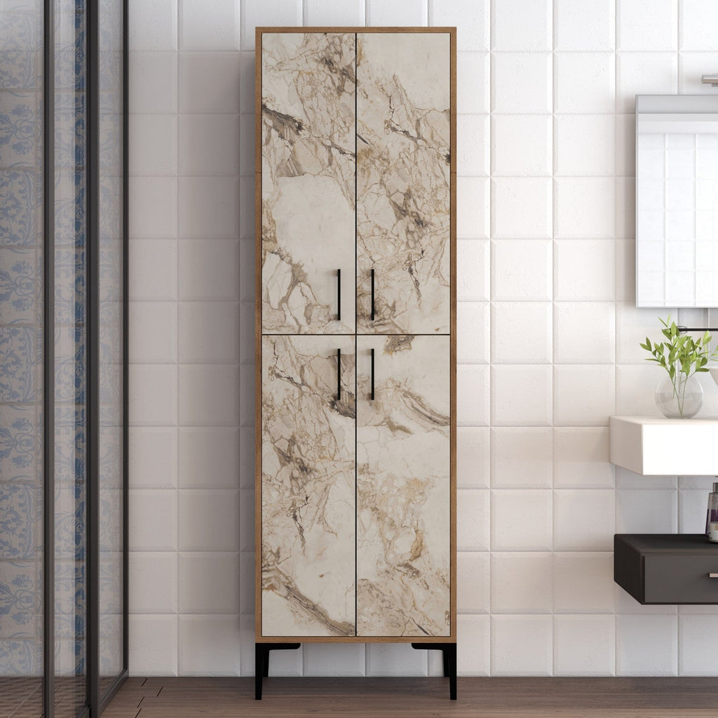Armário Alto Multiusos "Torino" - Nogueira e Branco Mármore - 60x200x35 cm - Design Moderno - A minha loja