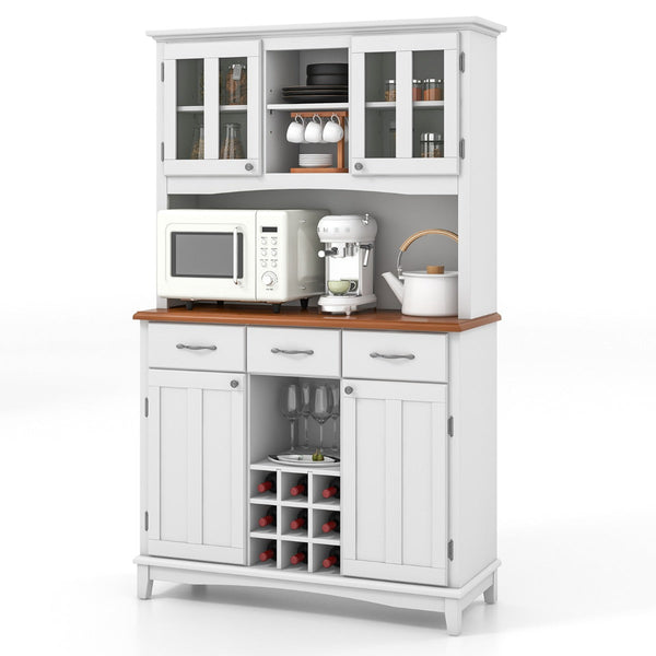 Armário de Cozinha "Eleganza" com Vitrine de Vidro Temperado, Porta-Vinhos e Prateleiras Ajustáveis - 106x41,5x184,5 cm