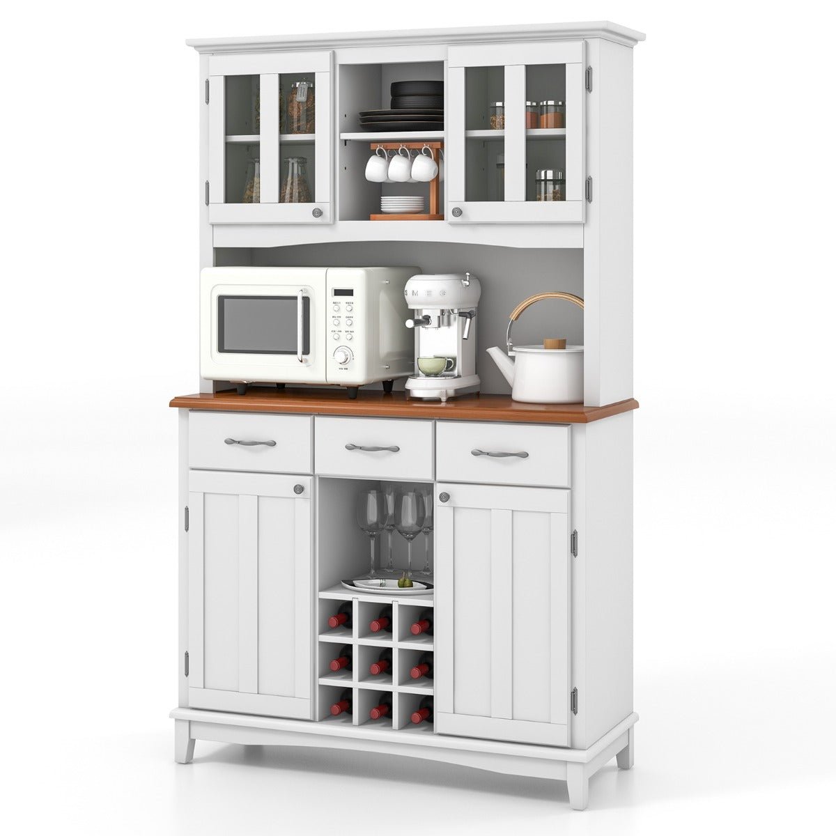 Armário de Cozinha "Eleganza" com Vitrine de Vidro Temperado, Porta - Vinhos e Prateleiras Ajustáveis - 106x41,5x184,5 cm - A minha loja