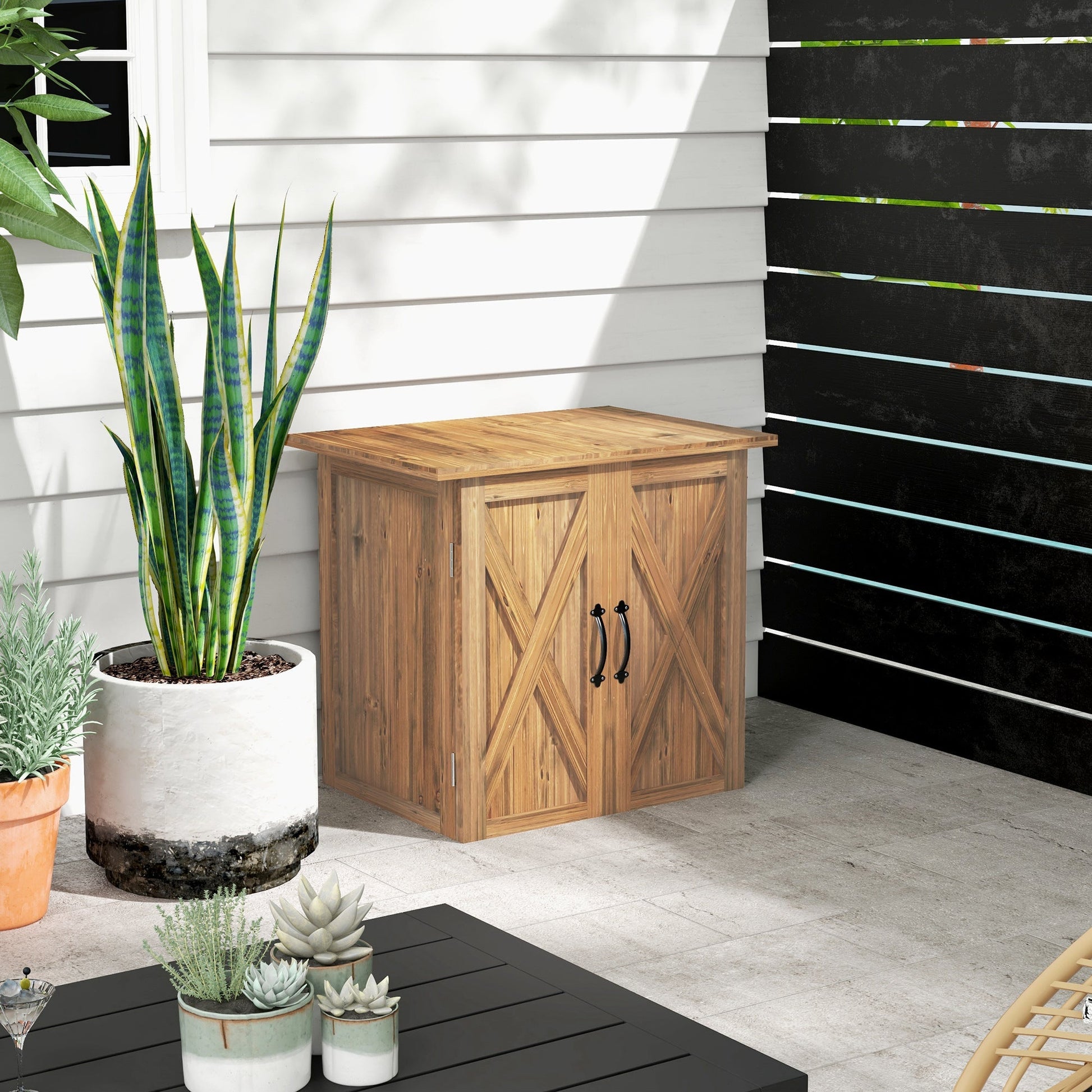 Armário de Jardim em Madeira de Abeto – 77x55x72 cm | Com 2 Portas Magnéticas e Estrutura Elevada - A minha loja
