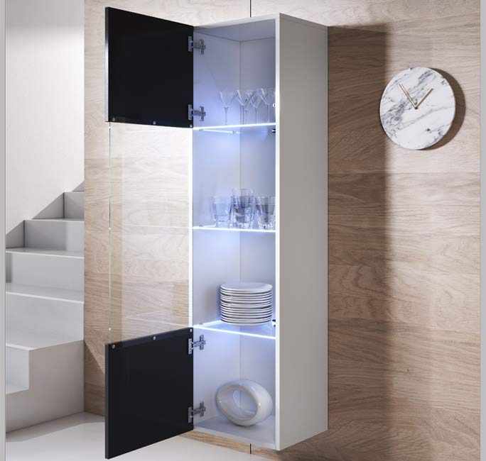Conjunto de Móveis de Sala Fontelas – 1,6 m – Modular em Branco e Preto com Móvel TV, Vitrine e Estantes – Design Moderno