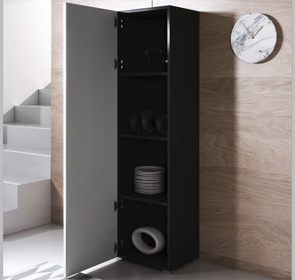 Armário Alto Leiko – Preto e Branco – 40x29x167 cm – Com Pés e Prateleiras de Vidro