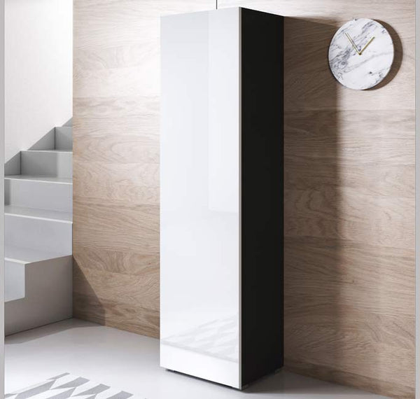 Armário Alto Leiko – Preto e Branco – 40x29x167 cm – Com Pés e Prateleiras de Vidro