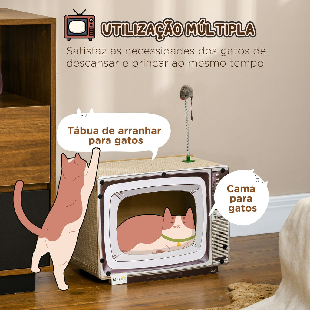 Arranhador de Cartão para Gatos Casa para Gatos em Forma de Televisor com Rato de Brinquedo Centro de Atividades para Animais de Estimação 43x23x32,5 cm Areia - A minha loja