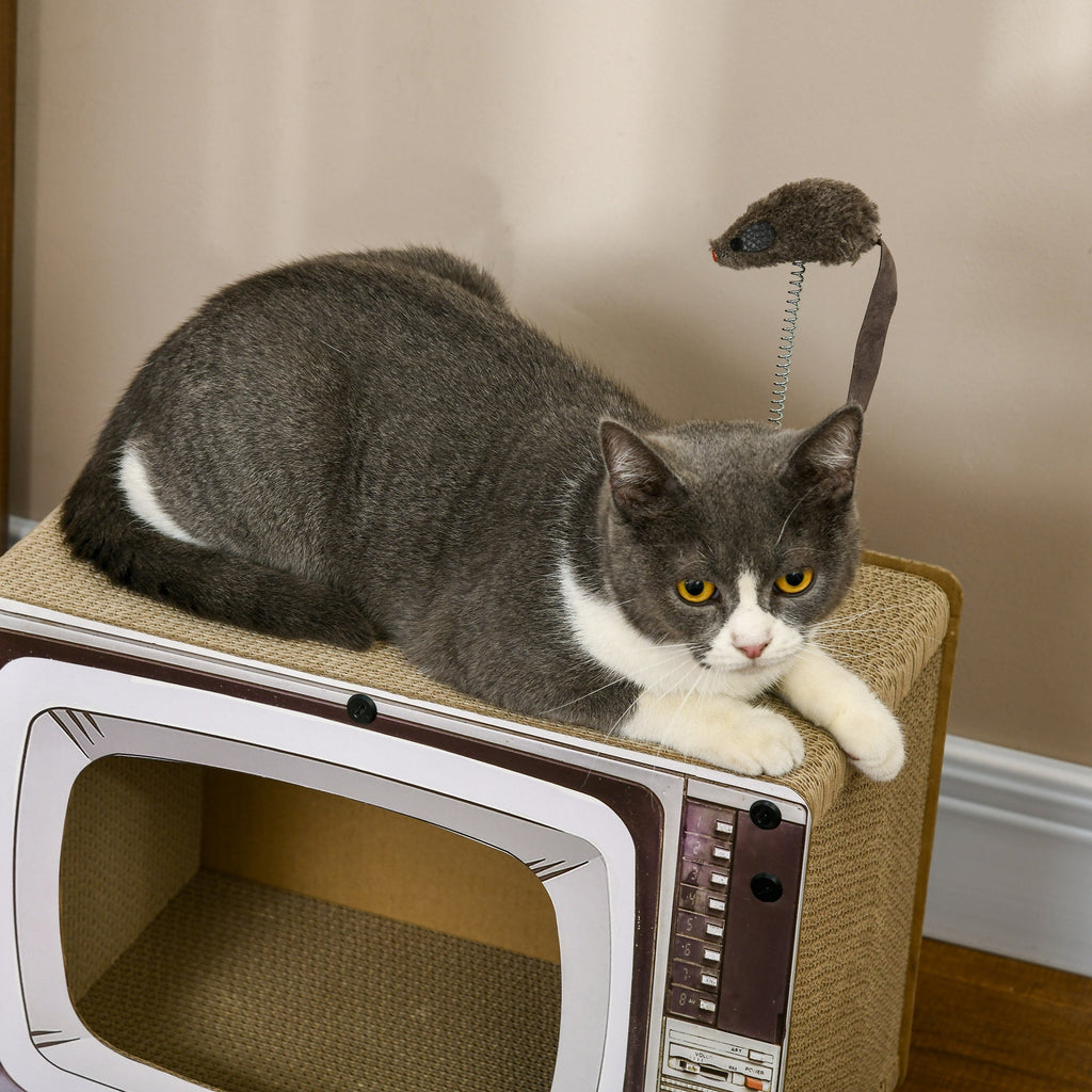 Arranhador de Cartão para Gatos Casa para Gatos em Forma de Televisor com Rato de Brinquedo Centro de Atividades para Animais de Estimação 43x23x32,5 cm Areia - A minha loja