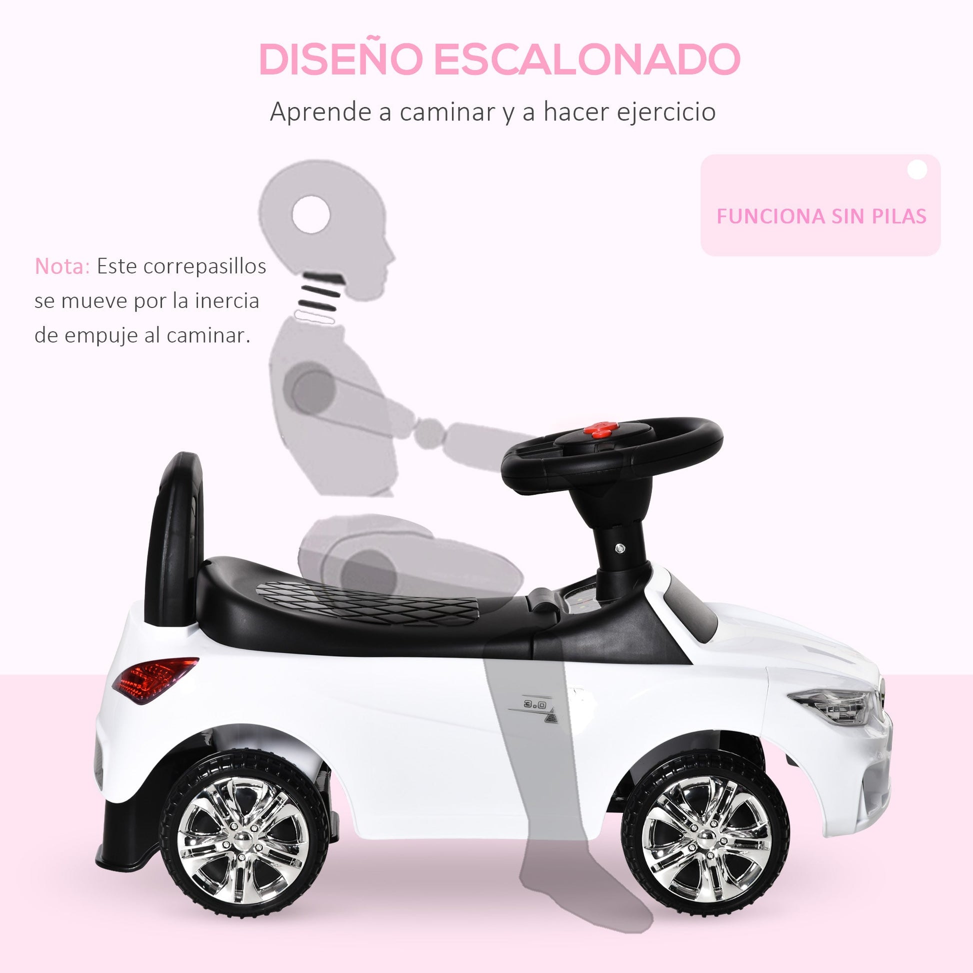 Carro Andador para Crianças de 18-36 Meses com Faróis Música Buzina Volante Compartimento de Armazenamento e Alça para Empurrar 63,5x28x36 Branco