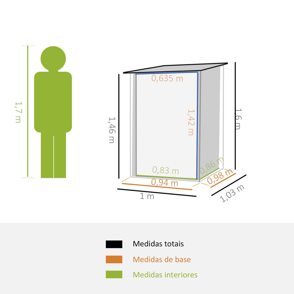 Abrigo de Jardim 0,92 m² 100x103x160cm Abrigo Exterior de Aço Galvanizado com Porta Fechadura e Teto Inclinado para Armazenamento de Ferramentas Cinza Escuro