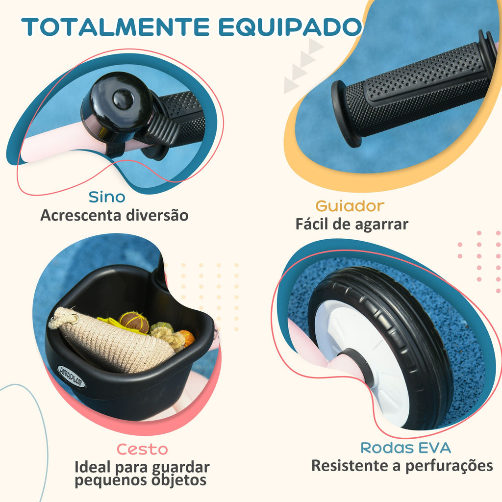 AIYAPLAY Triciclo para Crianças de 2 a 5 anos Triciclo Infantil com Assento Ajustável Cesta Buzina e Pedais e 3 Rodas Carga Máxima 25 kg 70,5x53x58 cm Rosa